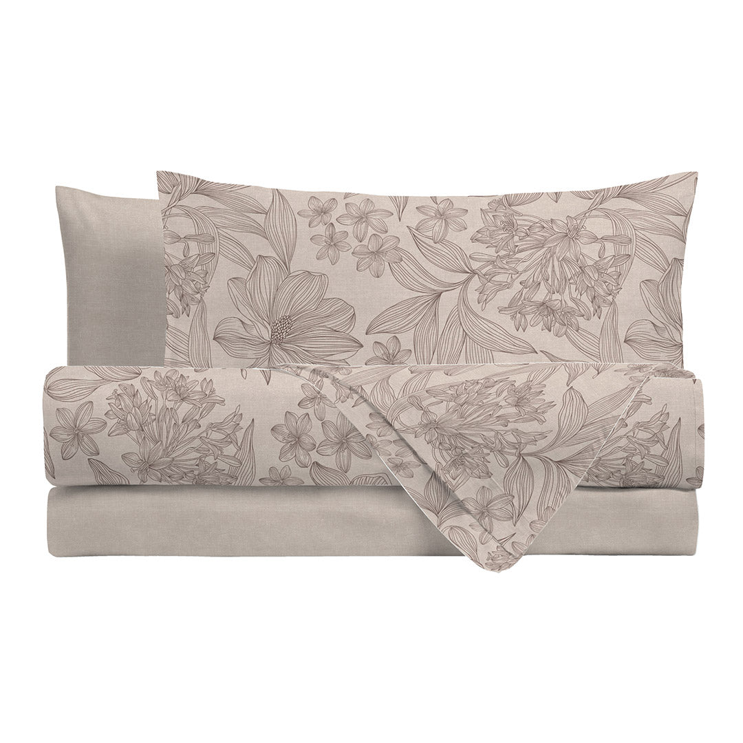 Completo Letto Matrimoniale in Cotone con Stampa - Fantasia Hug Me Alina Taupe