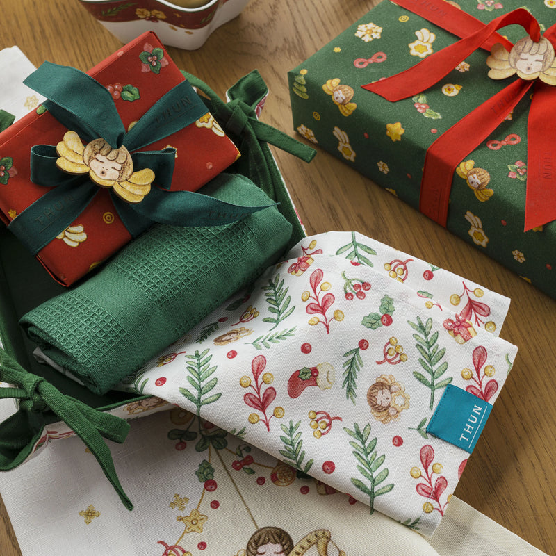 THUN® Confezione 3 Strofinacci + Cestino Natale Christmas Multicolor - Amo La Casa Shop