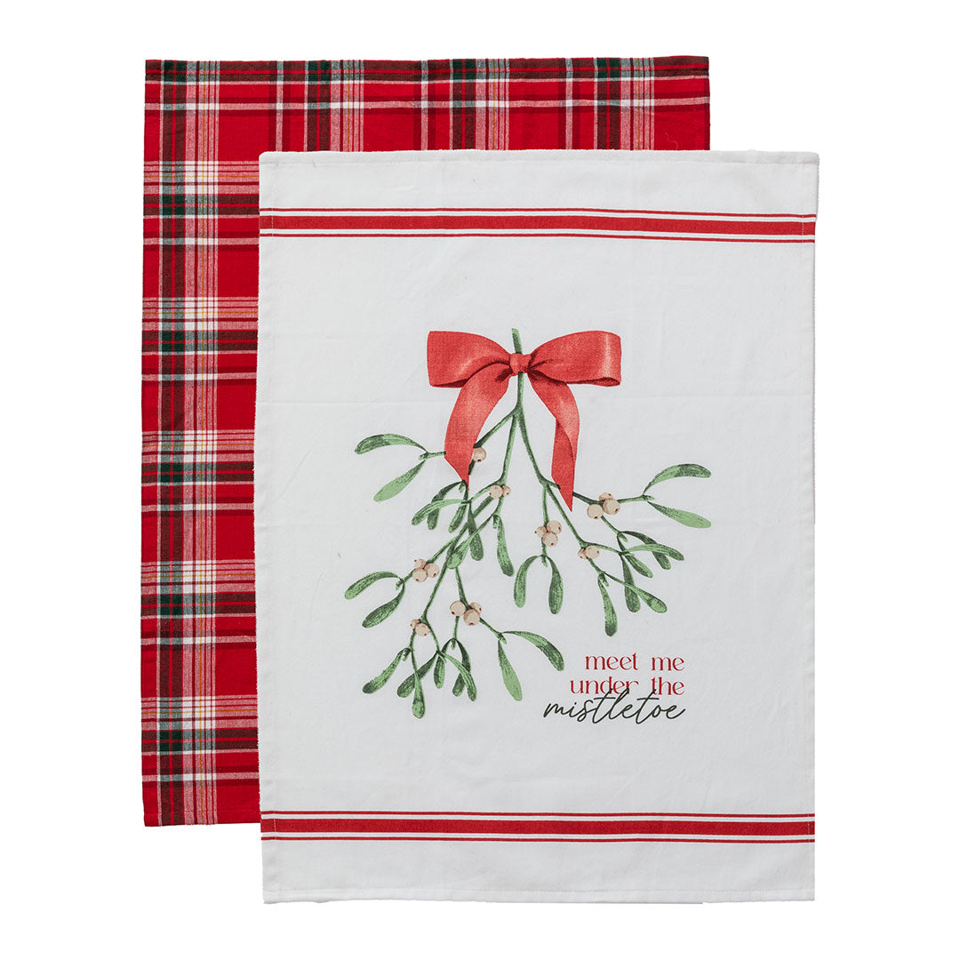 Set aus 2 eleganten Holly-Geschirrtüchern 45x65 cm Mistelzweig Rot