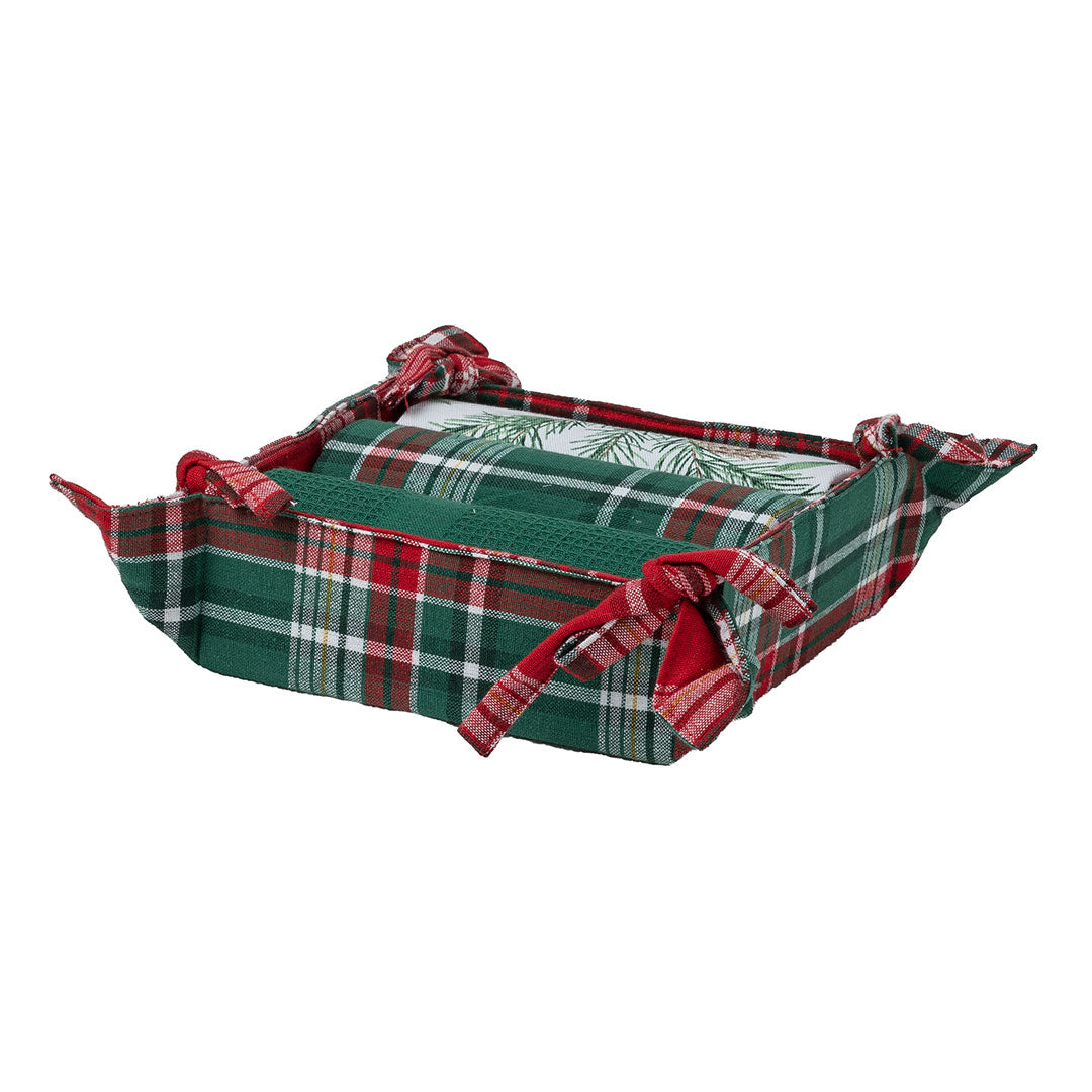 Cesto da Cucina con 3 Strofinacci Classy Holly Standard Tartan Green