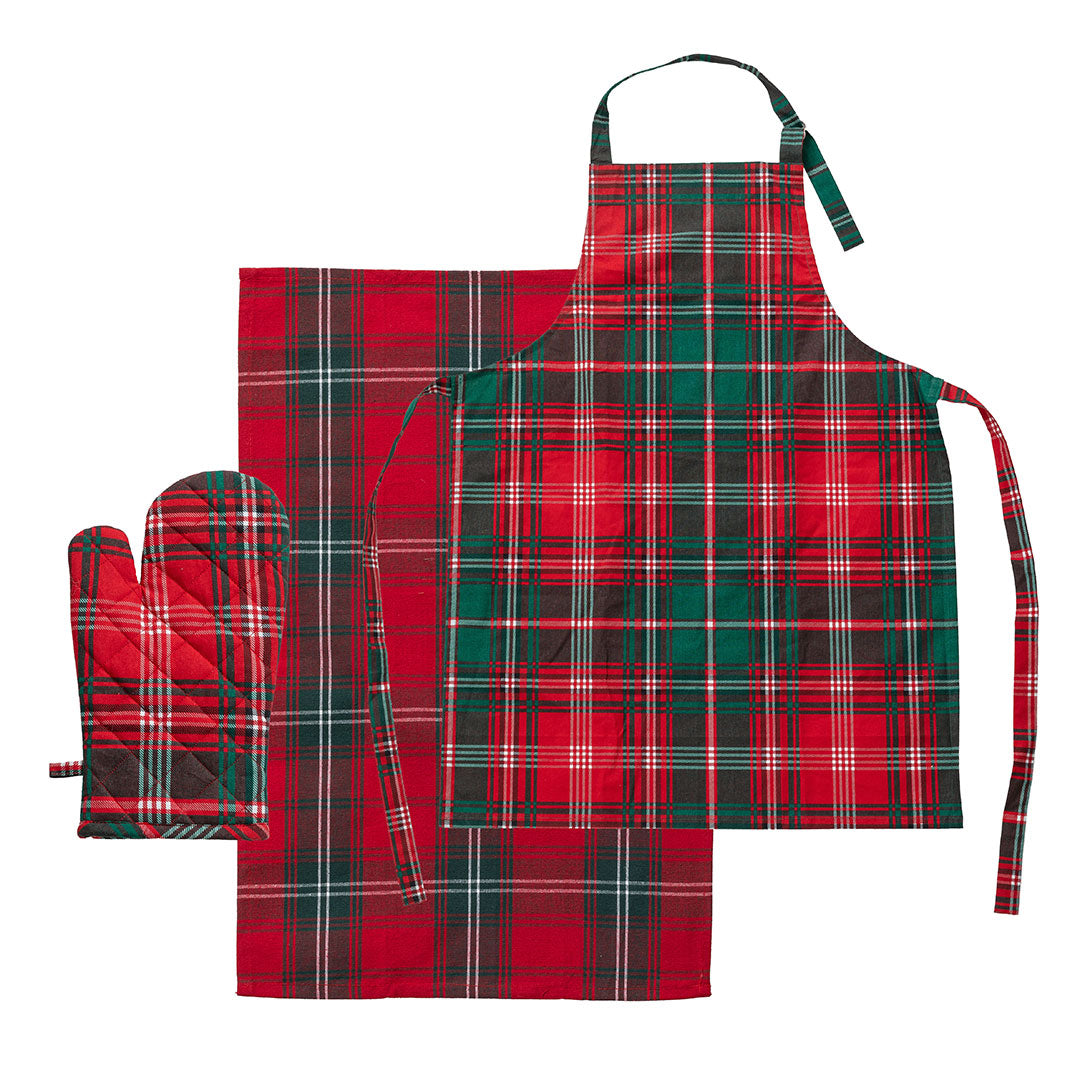 Set 3 pezzi Guantone Design, 2 Strofinacci, Grembiule Classy Holly Standard Hank Red