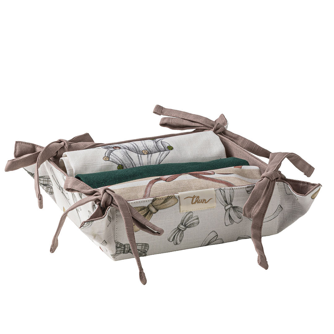 THUN® Cestino Con 3 Strofinacci Natale - Fantasia Fiocco Bows Multicolor
