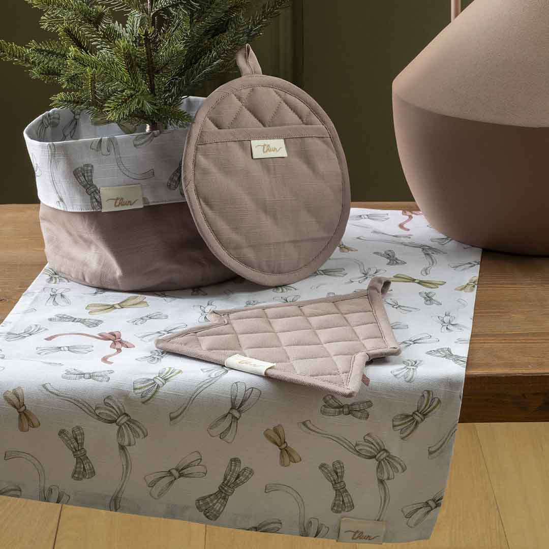 THUN® Set Portapane+Presina+Strofinaccio+Presina Albero Natale Beige - Fantasia Fiocco Bows Multicolor
