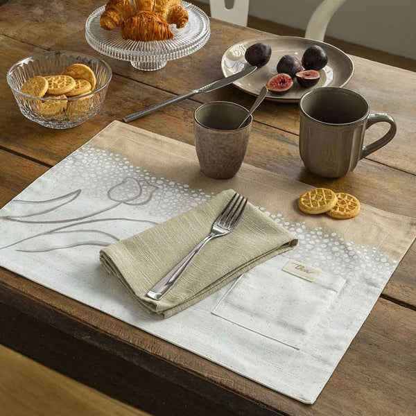 THUN® Tovaglietta Con Tovagliolo New Elegance - Fantasia Tulipani Tulips Beige