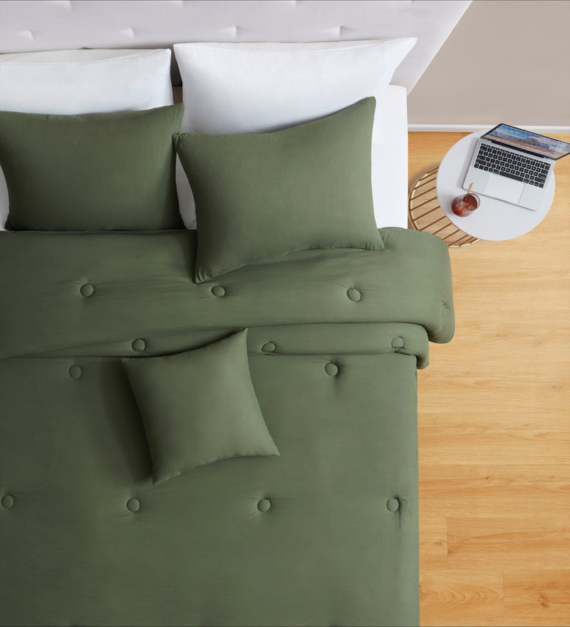 Set 4 Pezzi Letto Trapunta Matrimoniale Cuscino Federe Atelier Tinta Unita Olive