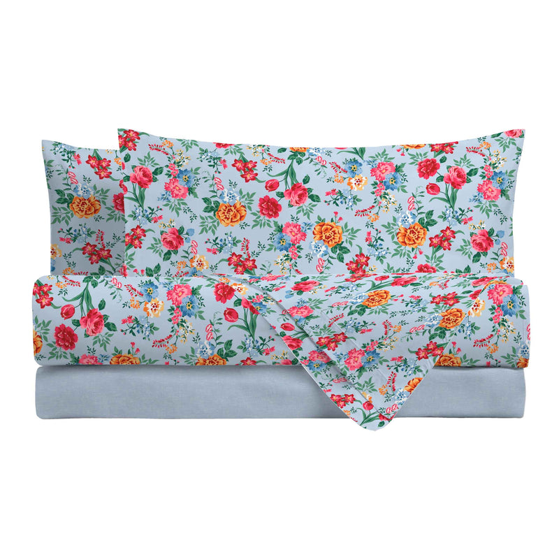 Completo Letto Matrimoniale in Cotone con Stampa - Fantasia Secret Garden Debby Light Blue