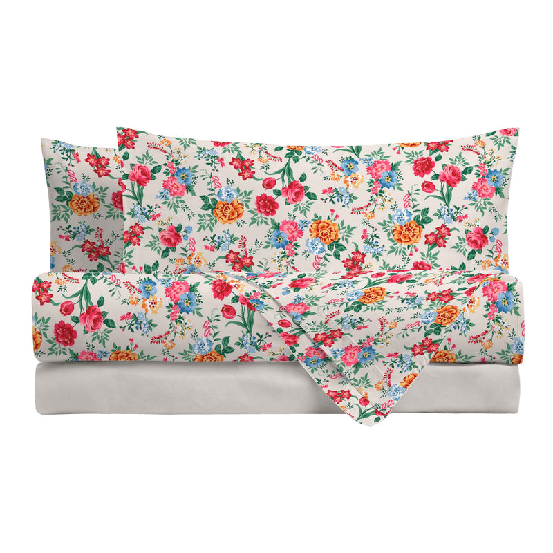 Completo Letto Matrimoniale in Cotone con Stampa - Fantasia Secret Garden Debby Beige