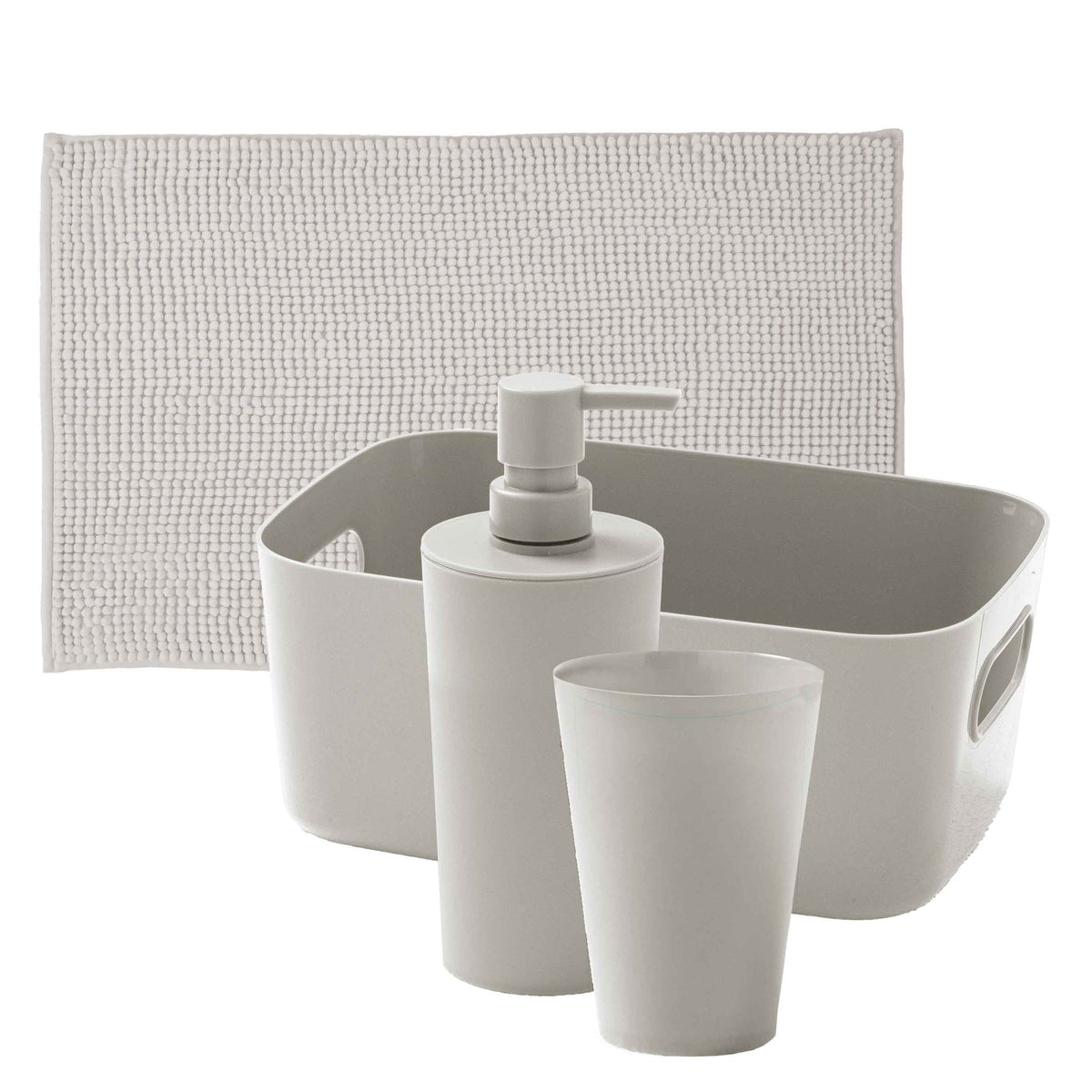 Set 4 Pezzi: Cestino, Tappeto Bagno, Dispenser e Portaspazzolini Zen Standard Tinta Unita Cream