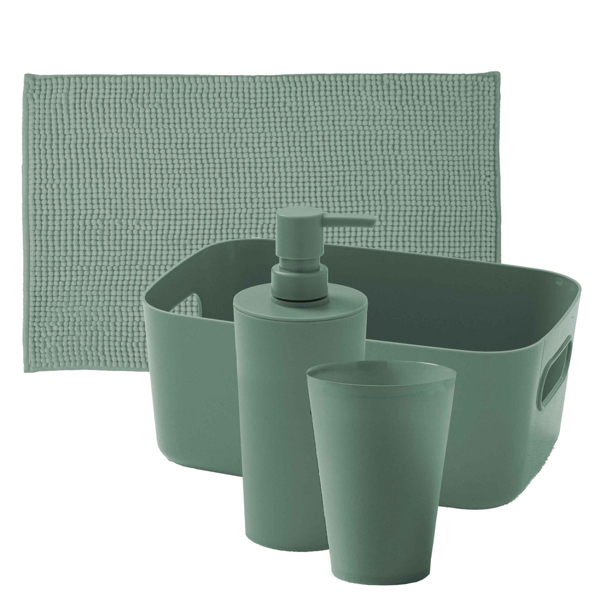 Set 4 Pezzi: Cestino, Tappeto Bagno, Dispenser e Portaspazzolini Zen Standard Tinta Unita Sage Green