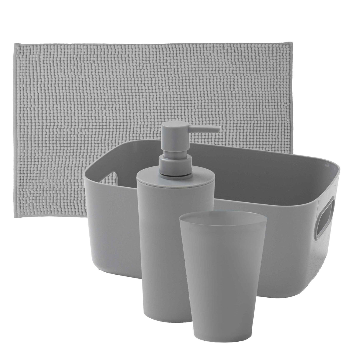 Set 4 Pezzi: Cestino, Tappeto Bagno, Dispenser e Portaspazzolini Zen Standard Tinta Unita Grey