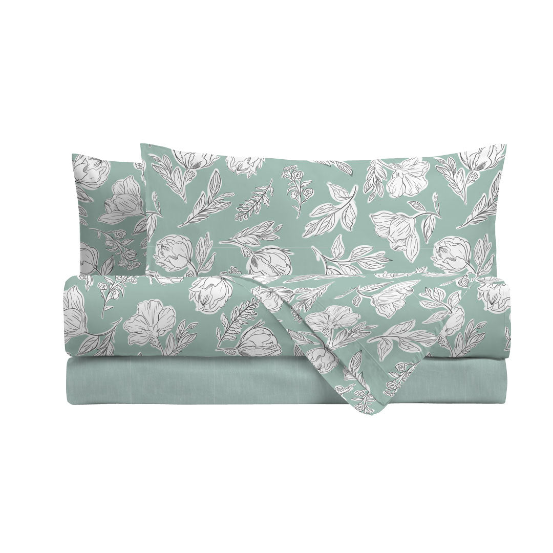 Completo Letto Matrimoniale in Cotone con Stampa - Fantasia Blossom Aqua
