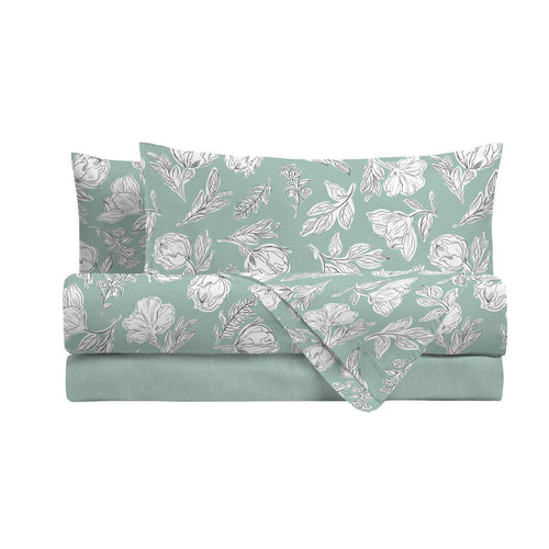 Completo Letto Matrimoniale in Cotone con Stampa - Fantasia Blossom Aqua