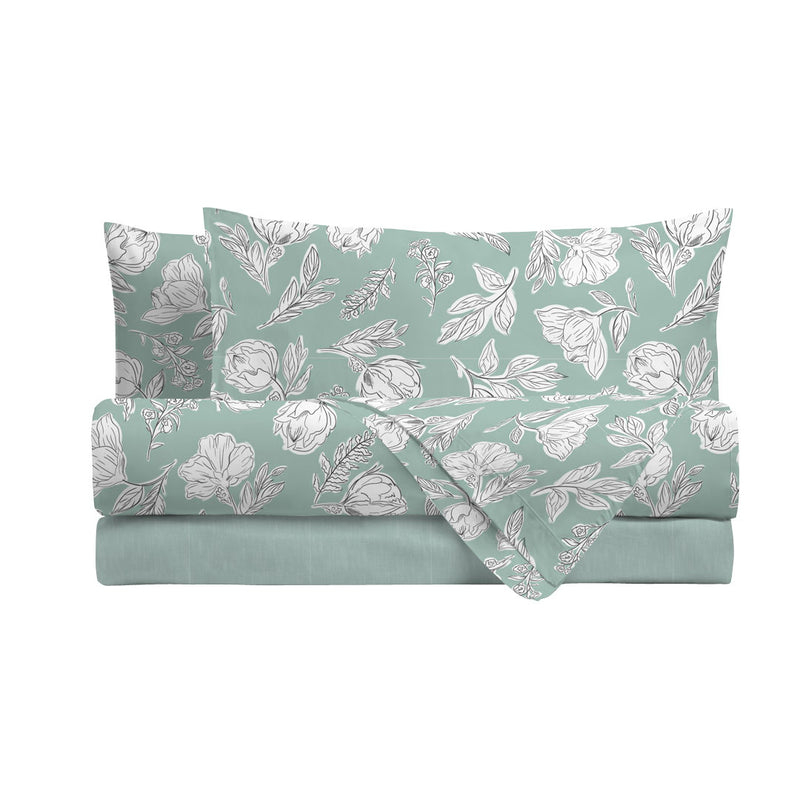 Completo Letto Matrimoniale in Cotone con Stampa - Fantasia Blossom Aqua