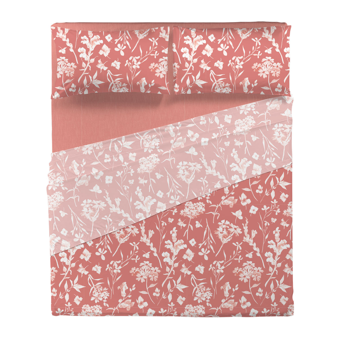 Completo Letto Matrimoniale in Cotone con Stampa - Fantasia Fedora Coral