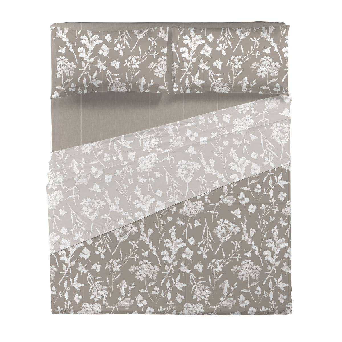 Completo Letto Matrimoniale in Cotone con Stampa - Fantasia Fedora Taupe