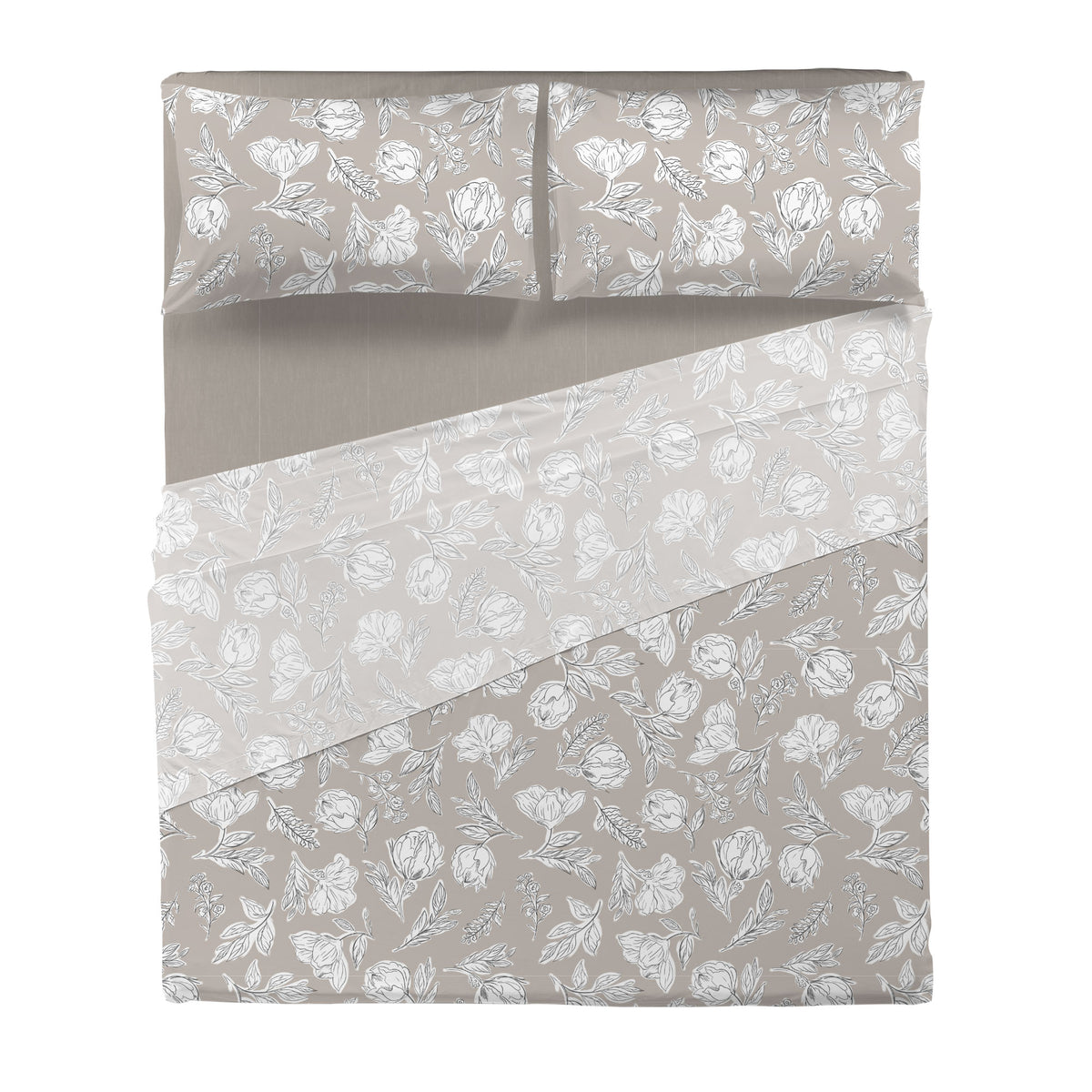 Completo Letto Matrimoniale in Cotone con Stampa - Fantasia Blossom Taupe