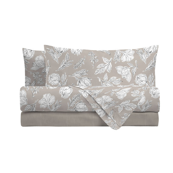 Completo Letto Matrimoniale in Cotone con Stampa - Fantasia Blossom Taupe