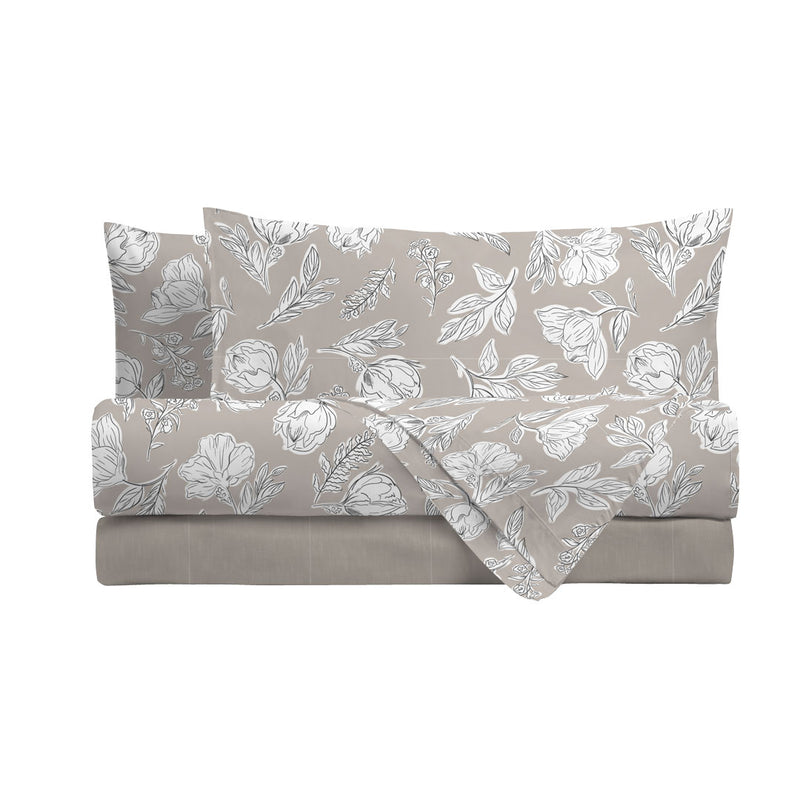 Completo Letto Matrimoniale in Cotone con Stampa - Fantasia Blossom Taupe