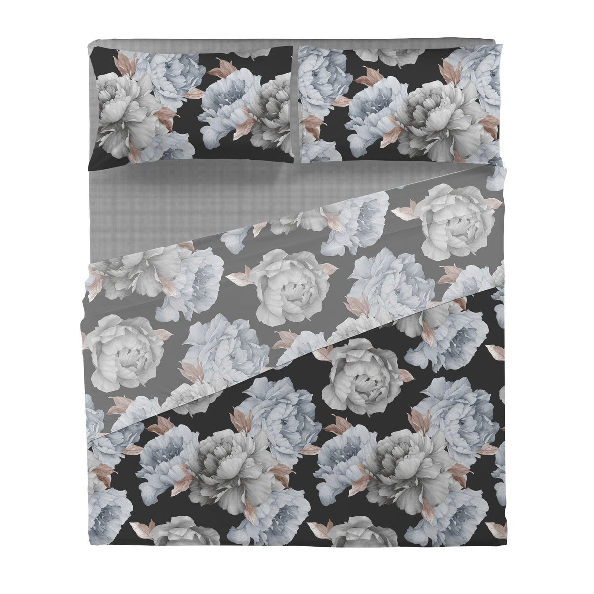 Happidea Completo Letto in Cotone con Stampa Matrimoniale Peony Dark Grey