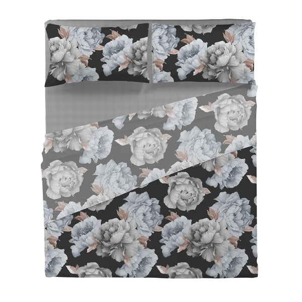 Happidea Completo Letto in Cotone con Stampa Matrimoniale Peony Dark Grey