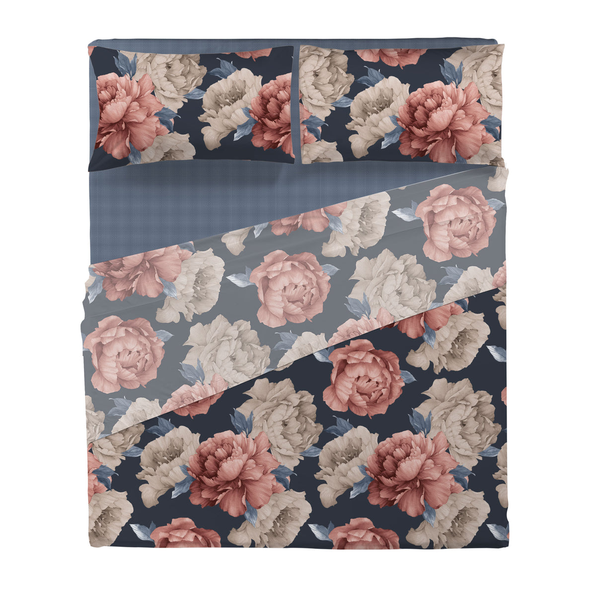 Happidea Completo Letto in Cotone con Stampa Matrimoniale Peony Dark Blue