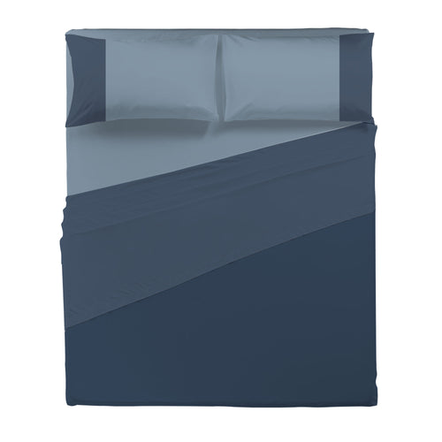 Happidea Completo Letto Matrimoniale in Cotone Bicolore Blu Profondo/Azzurro Polvere