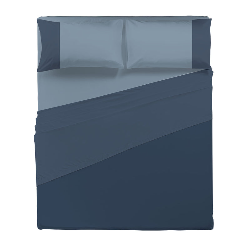 Happidea Completo Letto Matrimoniale in Cotone Bicolore Blu Profondo/Azzurro Polvere