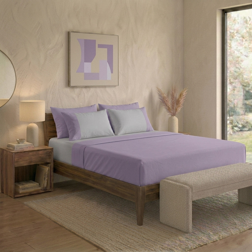 Happidea Completo Letto Matrimoniale in Cotone Bicolore Glicine/Perla