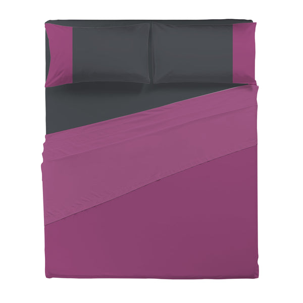 Happidea Completo Letto Matrimoniale in Cotone Bicolore Ciclamino/Bicolore Grafite