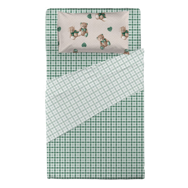 Completo Letto Piazza e Mezza in Cotone con Stampa  - Fantasia Softy Bear Orsetti Green