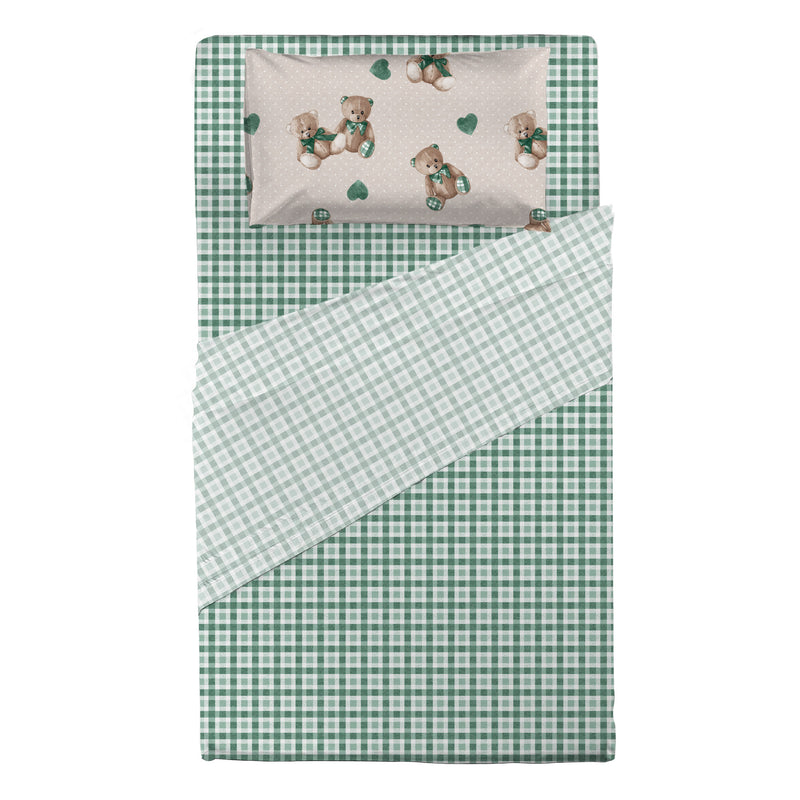 Completo Letto Piazza e Mezza in Cotone con Stampa  - Fantasia Softy Bear Orsetti Green