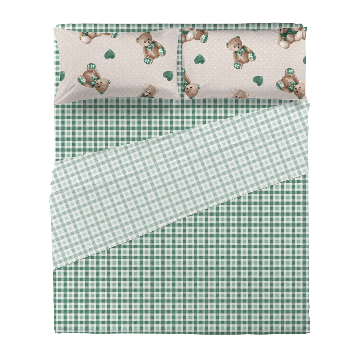 Completo Letto Matrimoniale in Cotone con Stampa  - Fantasia Softy Bear Orsetti Green