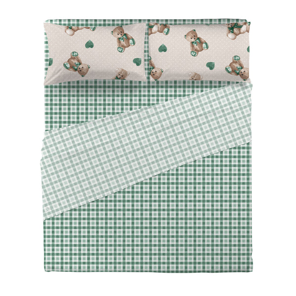 Completo Letto Matrimoniale in Cotone con Stampa  - Fantasia Softy Bear Orsetti Green