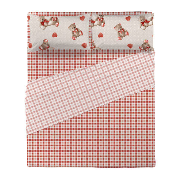 Completo Letto Matrimoniale in Cotone con Stampa  - Fantasia Softy Bear Orsetti Red