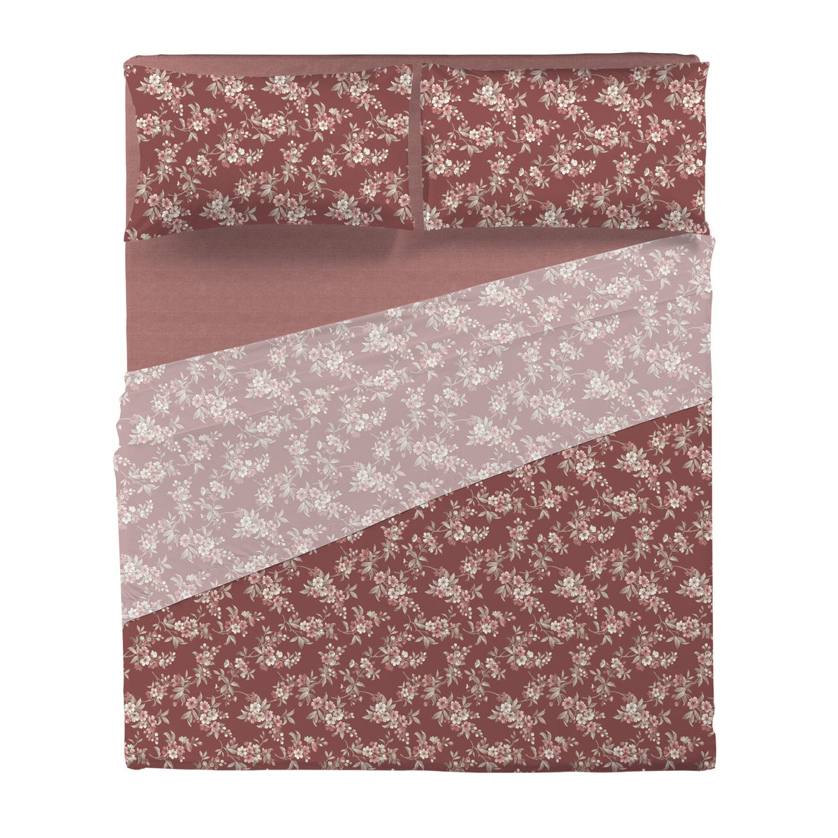 Completo Letto Matrimoniale in Cotone con Stampa - Fantasia Feel Me Amber Burgundy