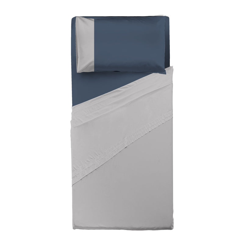 Happidea Completo Letto Singolo in Cotone Bicolore Perla/Blu Profondo