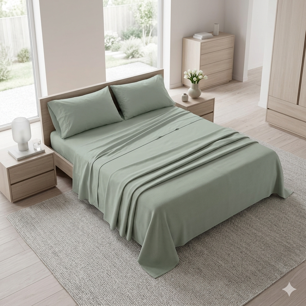 Completo Letto Matrimoniale in Cotone Atelier Fragrance Tinta Unita Sage Green