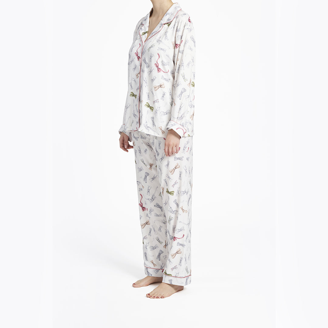 THUN® Daphne Damen-Langpyjamas – Weißes Schleifenmuster