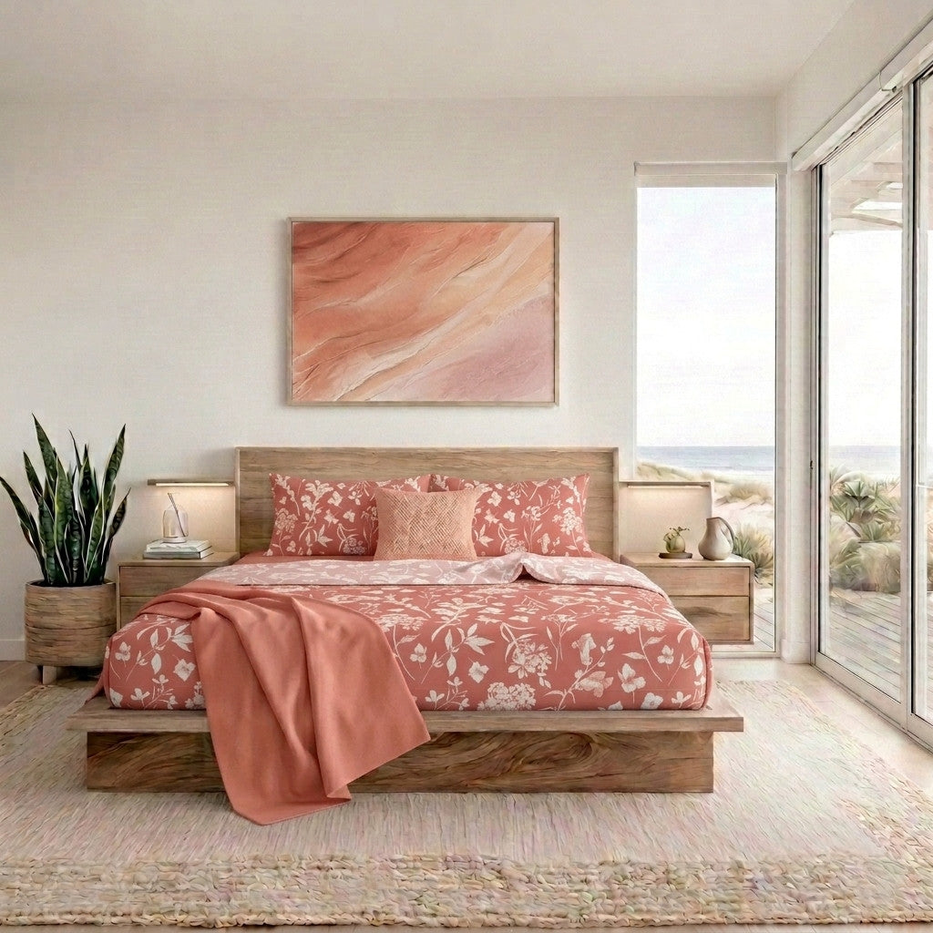 Completo Letto Matrimoniale in Cotone con Stampa - Fantasia Fedora Coral