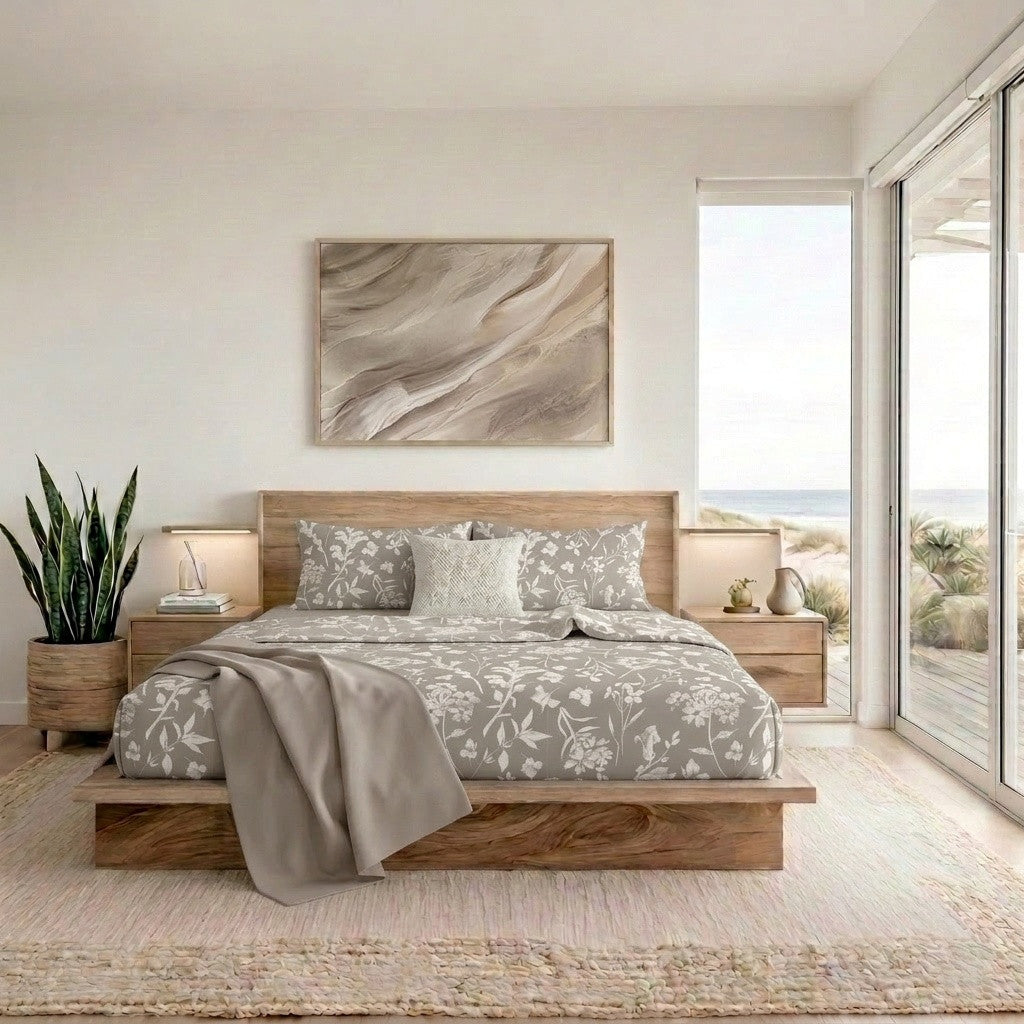 Completo Letto Matrimoniale in Cotone con Stampa - Fantasia Fedora Taupe