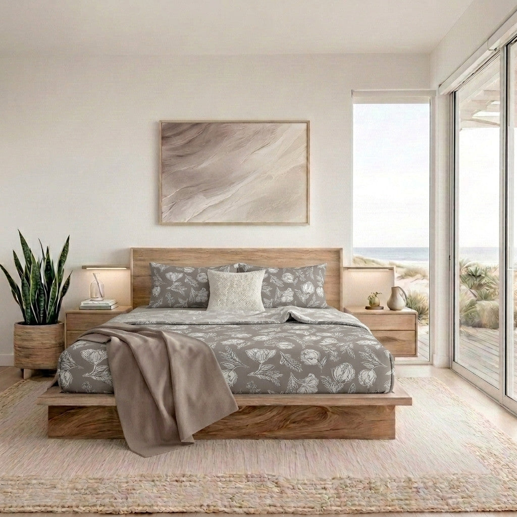 Completo Letto Matrimoniale in Cotone con Stampa - Fantasia Blossom Taupe
