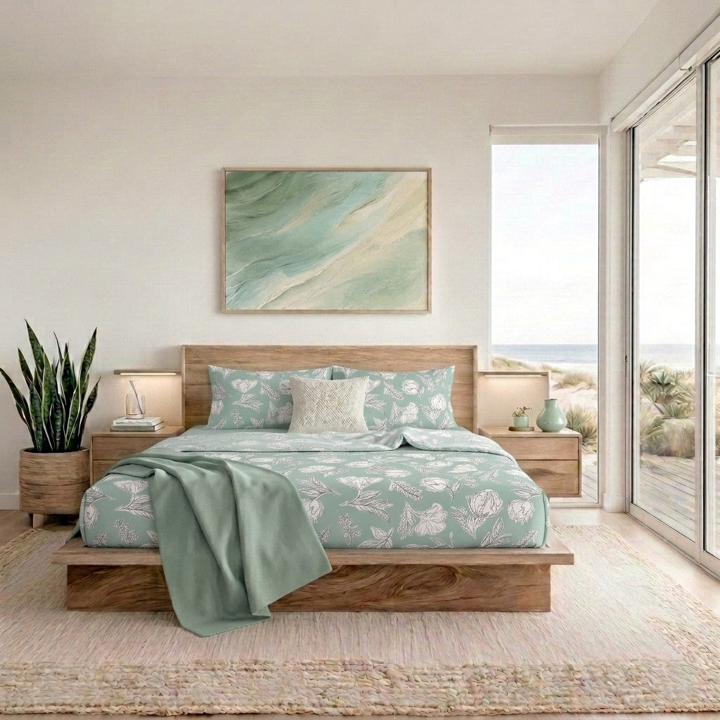 Completo Letto Matrimoniale in Cotone con Stampa - Fantasia Blossom Aqua