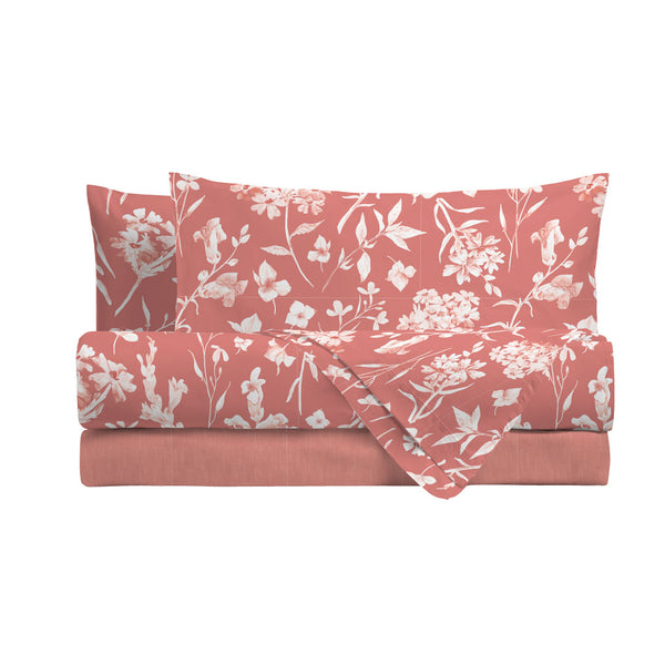Completo Letto Matrimoniale in Cotone con Stampa - Fantasia Fedora Coral