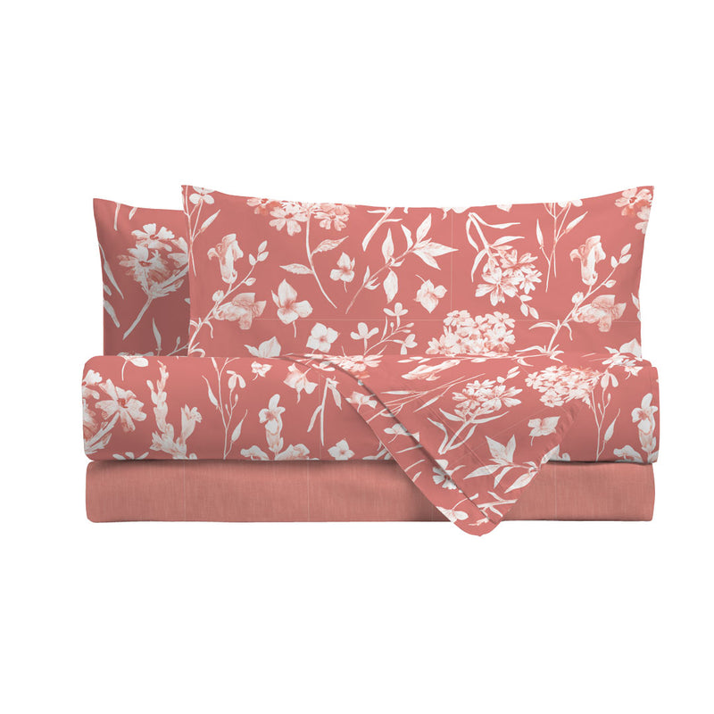 Completo Letto Matrimoniale in Cotone con Stampa - Fantasia Fedora Coral