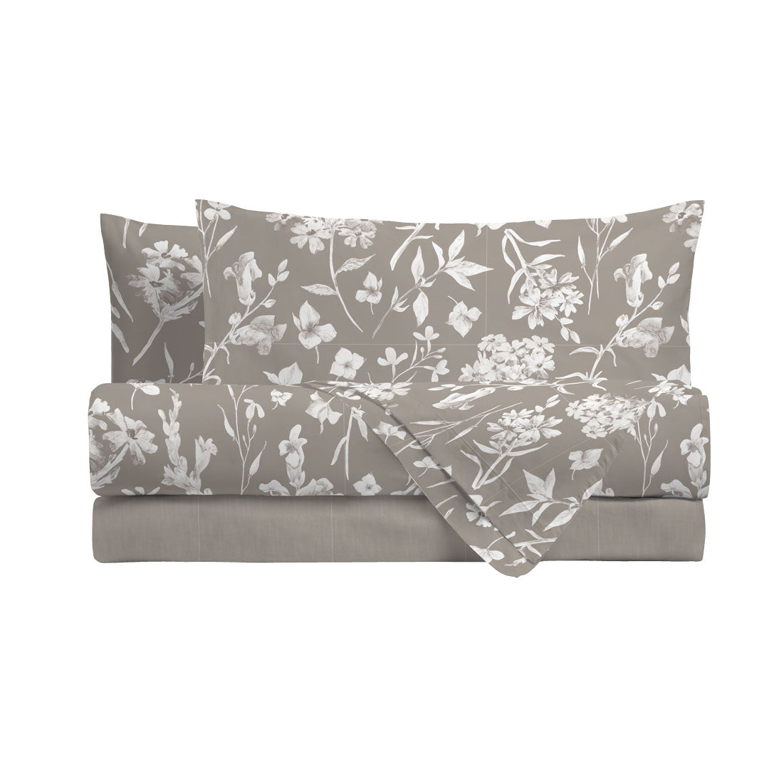 Completo Letto Matrimoniale in Cotone con Stampa - Fantasia Fedora Taupe