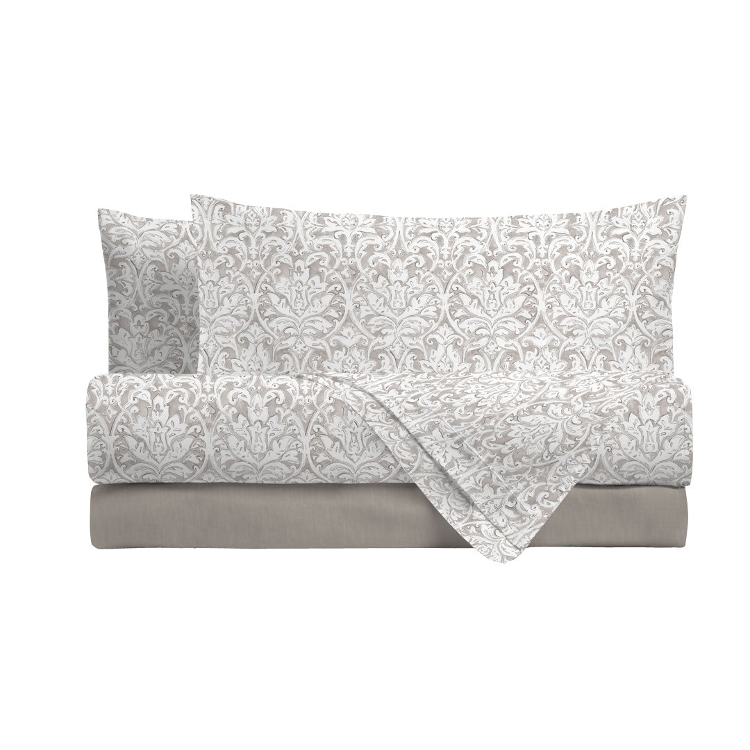 Completo Letto Matrimoniale in Cotone con Stampa - Fantasia Filomena Taupe