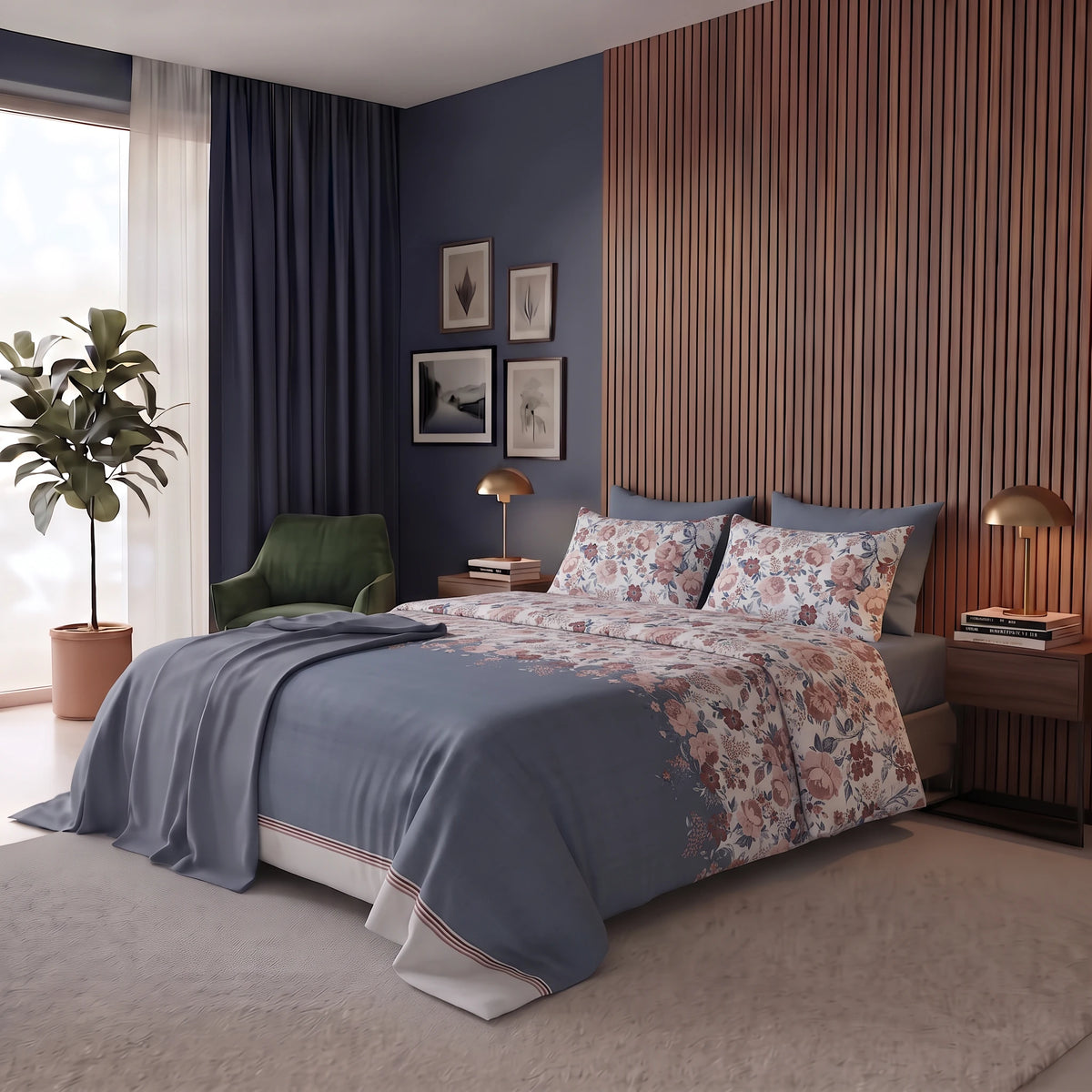 Happidea Completo Letto Matrimoniale in Cotone con Stampa 2 in 1 Emmatheo Blue
