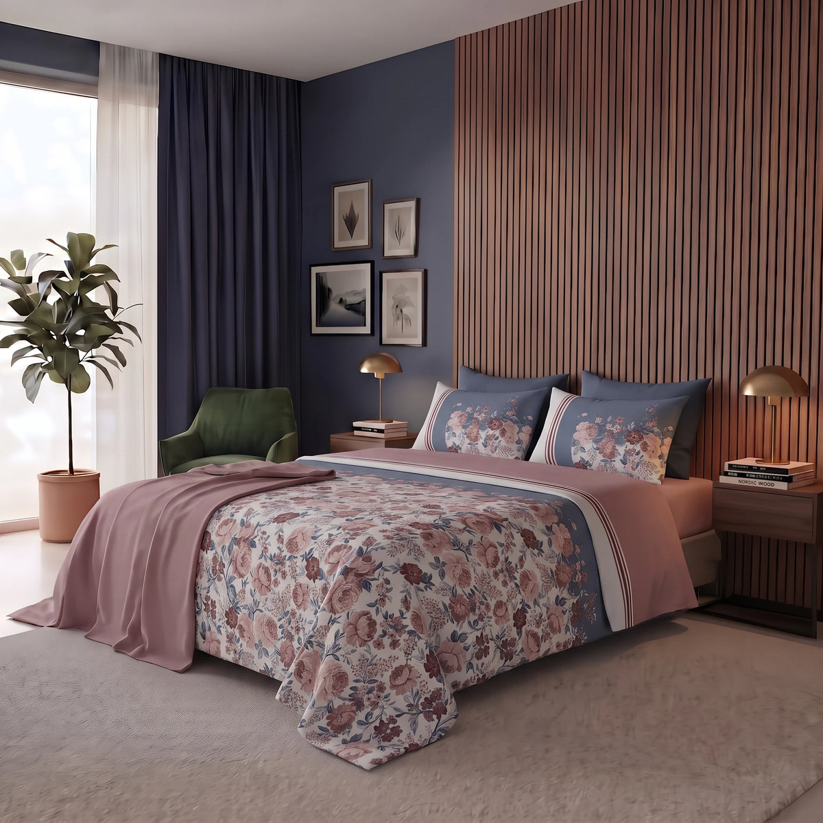 Happidea Completo Letto Matrimoniale in Cotone con Stampa 2 in 1 Emmatheo Blue