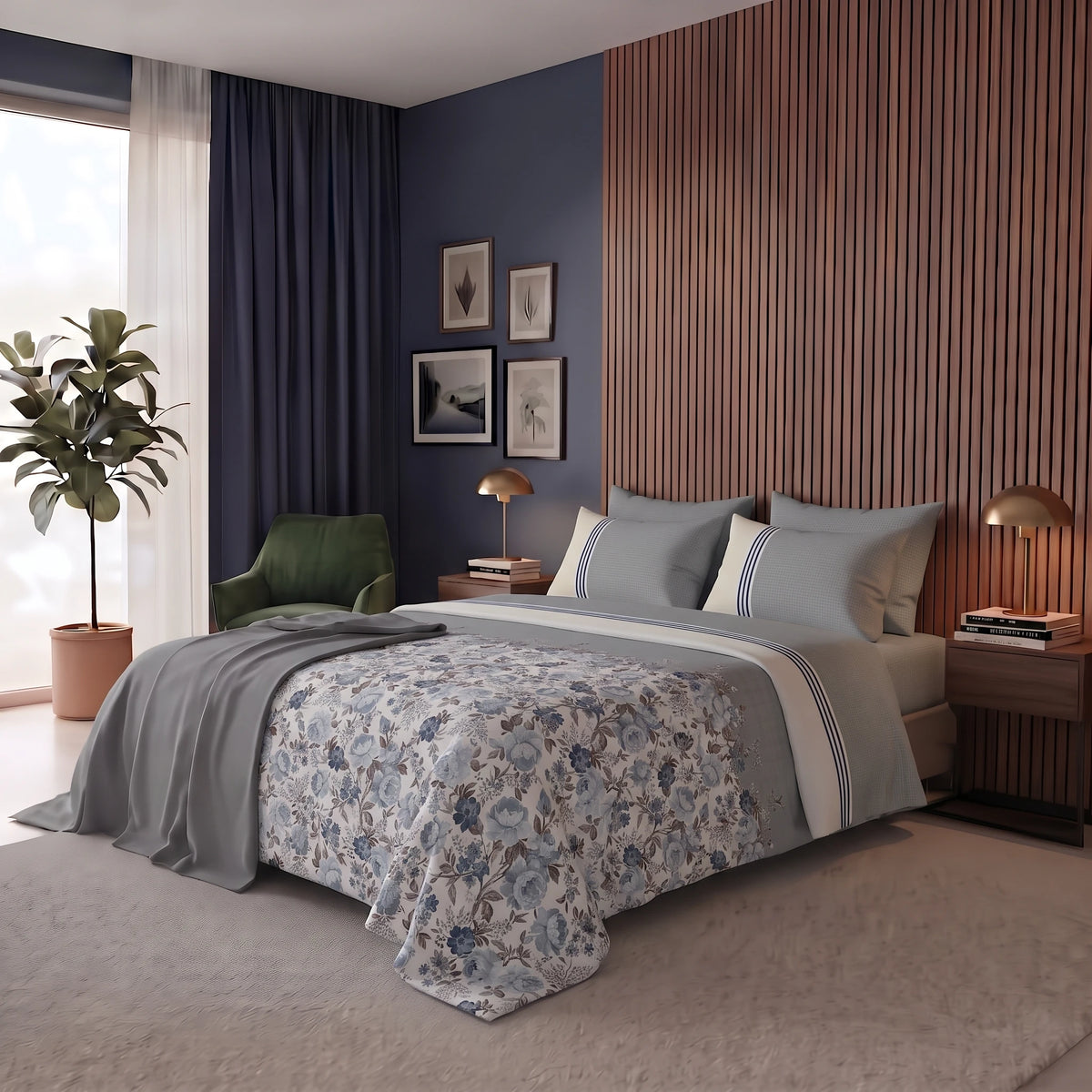 Happidea Completo Letto Matrimoniale in Cotone con Stampa 2 in 1 Emmatheo Grey