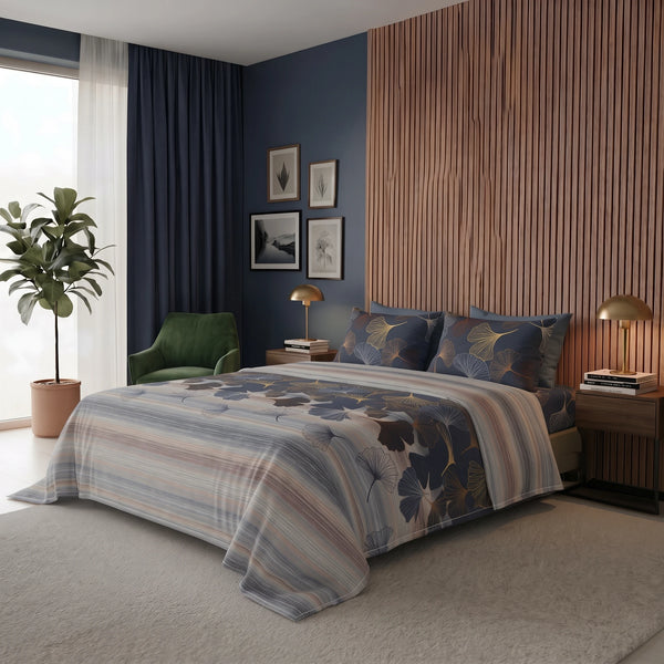 Happidea Completo Letto Matrimoniale in Cotone con Stampa 2 in 1 Gingkoadonis Blue